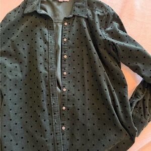 LOFT Women's Green Button Down Shirt with Black Polka Dots